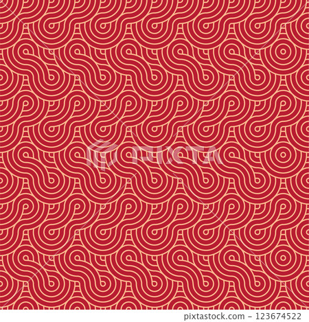 Vector Japanese seamless pattern in oriental geometric traditional style. Festive ornament for lunar chinese new year decoration. Red and golden asian creative motif. Abstract Waves and Circles Vector Japanese seamless pattern in oriental geometric traditional style. Festive ornament for lunar chinese new year decoration. Red and golden asian creative motif. Abstract Waves and Circles 123674522