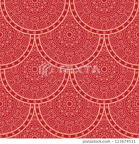 Vector Japanese seamless pattern in oriental geometric traditional style. Festive ornament for lunar chinese new year decoration. Red and golden asian creative motif. Abstract Waves and Circles 123674531
