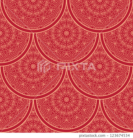 Vector Japanese seamless pattern in oriental geometric traditional style. Festive ornament for lunar chinese new year decoration. Red and golden asian creative motif. Abstract Waves and Circles 123674534