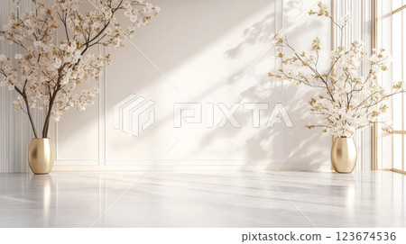 White flowers illuminating classic empty room with marble floor 123674536