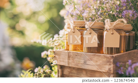 Jars of honey displayed on wooden crate with blank label tags Jars of honey displayed on wooden crate with blank label tags 123674540