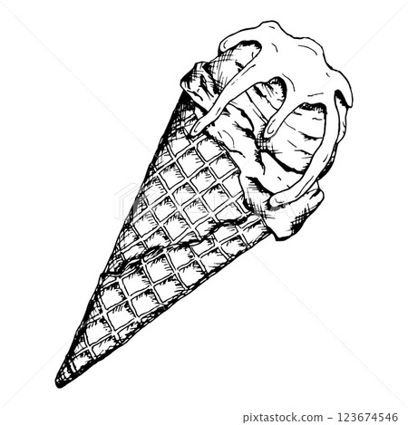 Black and white hand-drawn illustration of an ice cream cone with dripping icing. Ideal for packaging, menus, branding, cafes, bakeries, and creative food-related designs. Perfect for summer projects. Black and white hand-drawn illustration of an ice cream cone with dripping icing. Ideal for packaging, menus, branding, cafes, bakeries, and creative food-related designs. Perfect for summer projects. 123674546