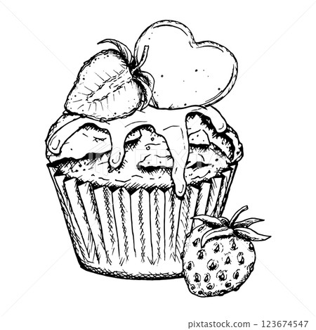 Hand-drawn black and white illustration of a cupcake with icing, fresh strawberry and a heart-shaped cookie. Perfect for packaging, menus, greeting cards, food blogs, and creative designs Hand-drawn black and white illustration of a cupcake with icing, fresh strawberry and a heart-shaped cookie. Perfect for packaging, menus, greeting cards, food blogs, and creative designs 123674547