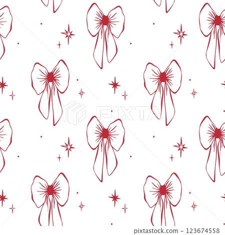 Red bows and stars. Coquette core. Seamless pattern EPS vector hand drawn for cute core, girly, romantic, wedding design, textile, wrapping, fabric, wallpaper and scrapbooking paper. Outline sketch. 123674558
