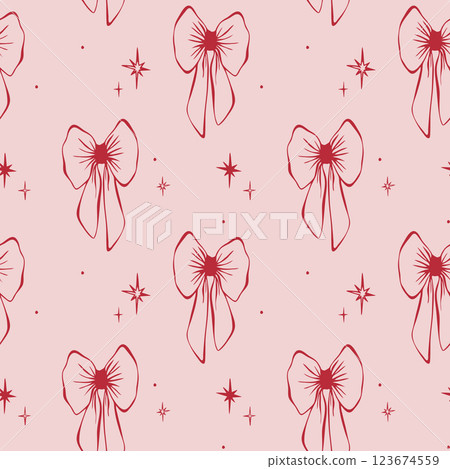 Red bows and stars on pink background. Coquette core. Seamless pattern EPS vector hand drawn for cute core, girly, romantic, wedding design, textile, fabric, wallpaper, scrapbooking. Outline sketch. Red bows and stars on pink background. Coquette core. Seamless pattern EPS vector hand drawn for cute core, girly, romantic, wedding design, textile, fabric, wallpaper, scrapbooking. Outline sketch. 123674559