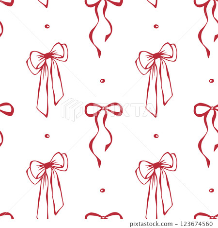 Red bows. Coquette core. Seamless pattern EPS vector hand drawn for cute core, girly, romantic, greeting, wedding design, textile, wrapping, fabric, wallpaper and scrapbooking paper. Outline sketch. Red bows. Coquette core. Seamless pattern EPS vector hand drawn for cute core, girly, romantic, greeting, wedding design, textile, wrapping, fabric, wallpaper and scrapbooking paper. Outline sketch. 123674560