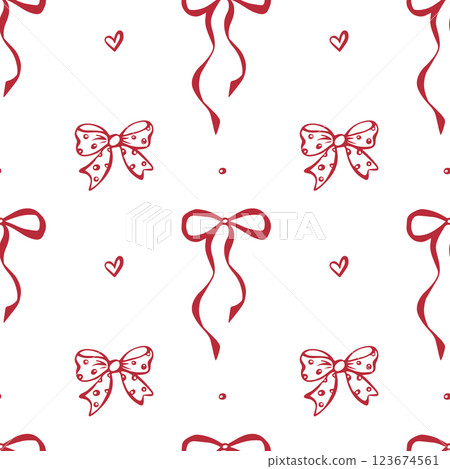 Red polka dot bows and hearts. Coquette core. Seamless pattern EPS vector hand drawn for girly, romantic, wedding design, textile, wrapping, fabric, wallpaper and scrapbooking paper. Outline sketch. Red polka dot bows and hearts. Coquette core. Seamless pattern EPS vector hand drawn for girly, romantic, wedding design, textile, wrapping, fabric, wallpaper and scrapbooking paper. Outline sketch. 123674561