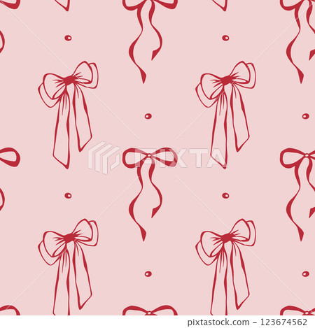 Red bows on pink background. Coquette core. Seamless pattern EPS vector hand drawn for girly, romantic, greeting, wedding design, textile, wrapping, fabric, wallpaper and scrapbooking. Outline sketch. 123674562