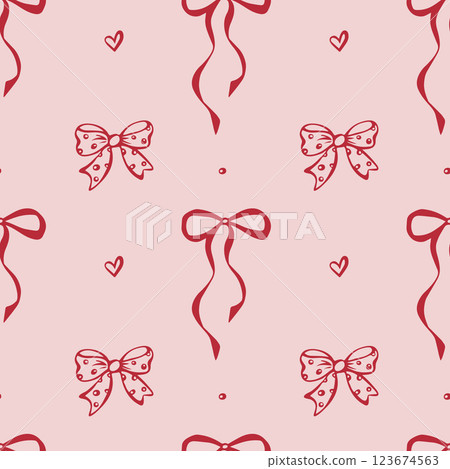 Red polka dot bows and hearts on pink background. Coquette core. Seamless pattern EPS vector hand drawn for girly, romantic, wedding design, textile, wrapping, fabric and scrapbooking. Outline sketch. 123674563