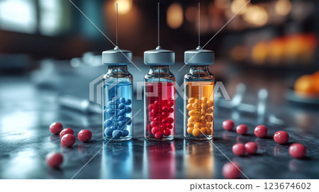 Three medical vials with colored liquids and tiny capsules inside, displayed on a reflective surface in a dimly lit lab setting 123674602