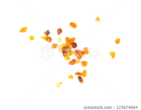 Amber stones isolated, polished orange gemstones, natural Baltic amber gems, golden resin crystals 123674664