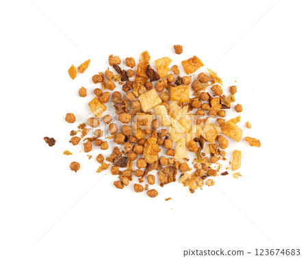 Dried vegetables mix with carrots, onion, parsnip and soy meat isolated. Dry food pieces for instant noodles Dried vegetables mix with carrots, onion, parsnip and soy meat isolated. Dry food pieces for instant noodles 123674683