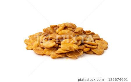 Roasted broad beans snack isolated, fried vicia faba, spicy legume, crispy big beans chips for salads Roasted broad beans snack isolated, fried vicia faba, spicy legume, crispy big beans chips for salads 123674691