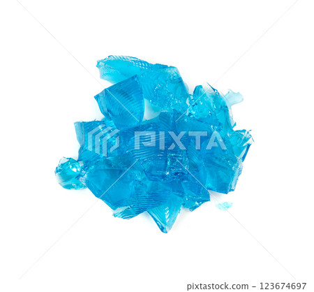 Jelly isolated, blueberry jello, blue gelatin dessert pieces, colour transparent pudding, fruit sweet gel 123674697