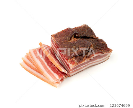 Cured carbonara pork isolated, raw smoked bacon, streaky brisket on white background 123674699