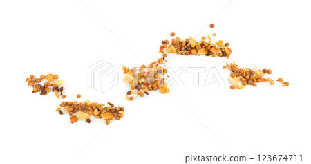 Dried vegetables mix with carrots, onion, parsnip and soy meat isolated. Dry food pieces for instant noodles 123674711