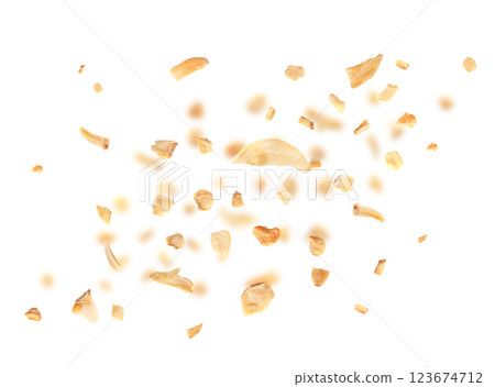 Falling Dry Garlic Slices Isolated, Flying Crispy Fried Cloves Pile Closeup, Roasted Grilled Garlic Flakes 123674712