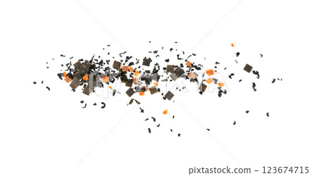 Dry kelp seaweed squares, mini wakame pieces isolated, dried kombu and carrot flakes from ramen 123674715