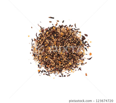 Dry black tea with hibiscus, fruits isolated. Raspberry seeds red tea, karkade flower leaves 123674720