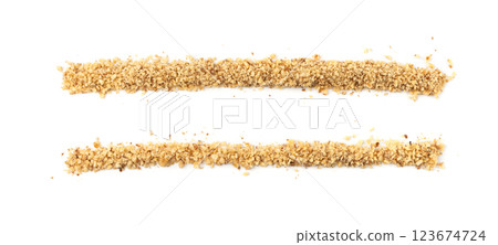 Grated wallnut , broken roasted walnuts, heap of nuts crumbs, whole kernel pieces, fractions 123674724