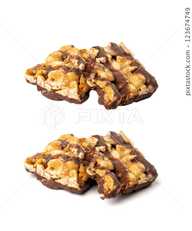 Nut Bar Isolated, Energy Snack with Nuts, Chocolate Muesli Dessert, Protein Candy Bar, Fitness Breakfast 123674749