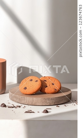 hand-shaped chocolate chip cookies with rustic edges and melted chocolate chips on a wooden board with vintage kitchen props and warm brown tones, concept of home baking, comfort food 123674763