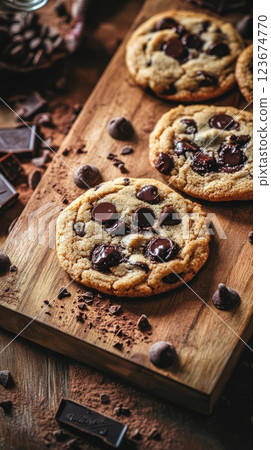 hand-shaped chocolate chip cookies with rustic edges and melted chocolate chips on a wooden board with vintage kitchen props and warm brown tones, concept of home baking, comfort food hand-shaped chocolate chip cookies with rustic edges and melted chocolate chips on a wooden board with vintage kitchen props and warm brown tones, concept of home baking, comfort food 123674770