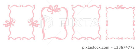 Vintage Frame with Pink Bows and Ribbons Set. Romantic Coquette Girly Vibe. Vector illustration. Isolated Trendy aesthetic Border vertical Template for wedding, birthday, card, party invitations 123674772