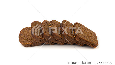 Black rye bread isolated, dark brown sliced loaf, sourdough borodinsky rugbrod square slices 123674800