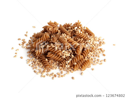Raw Brown Pasta, Wholegrain Fusilli, Dry Whole Grain Noodle, Raw Spelt Macaroni, Healthy Italy Food Raw Brown Pasta, Wholegrain Fusilli, Dry Whole Grain Noodle, Raw Spelt Macaroni, Healthy Italy Food 123674802