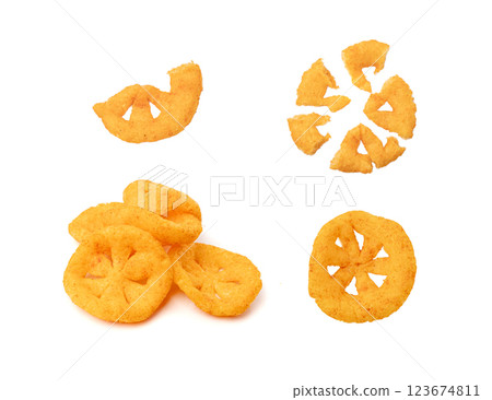 Corn puff snack isolated, crunchy cereal nosh, crispy yellow rice breakfast with paprika 123674811