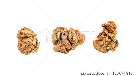 Crumpled Craft Paper Ball Isolated, Rugged Wrapping Round Lump, Old Paper Brown Wrinkled Sheet 123674812