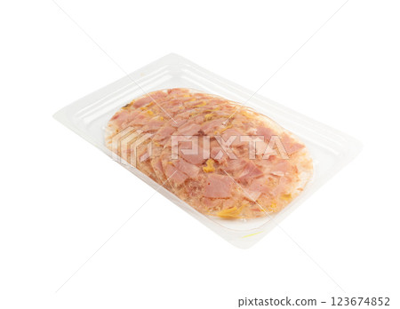 Meat jelly slices, ham aspic isolated, sausage, aspic jelly, winter meat galart, brawn on white 123674852