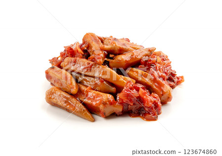 Stewed okra, cooked bamya fruits isolated, traditional asian dish bamia in red sauce, okra stew closeup Stewed okra, cooked bamya fruits isolated, traditional asian dish bamia in red sauce, okra stew closeup 123674860