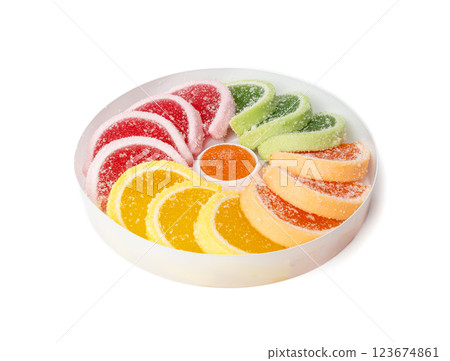 Fruit Marmalade Sweets Isolated, Lemon Slices Jelly, Sugar Citrus Marmalades, Orange, Lime Slices Set 123674861