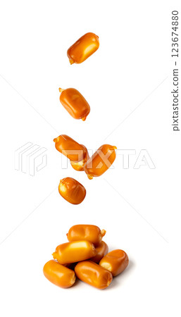 Flying Smoked Mozzarella Cheese Isolated, Falling Traditional Polish Oscypek, Slovak Mountain Snack 123674880