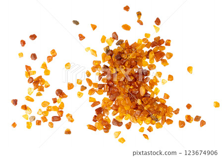 Amber stones isolated, polished orange gemstones, natural Baltic amber gems, golden resin crystals 123674906