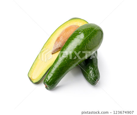 Avocado Isolated, Whole Avokado, Green Avocados Slice, Fresh Alligator Pear, Long Avocado Fruit 123674907