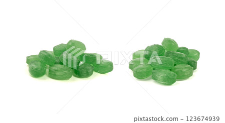 Mint Candy Isolated, Green Hard Candies, Menthol Sugar Bonbon Pile, Colorful Lozenge on White 123674939