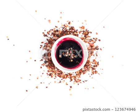 Orange jam with chili isolated, black currant chilli pepper marmalade smear, spicy fruit jelly confiture Orange jam with chili isolated, black currant chilli pepper marmalade smear, spicy fruit jelly confiture 123674946