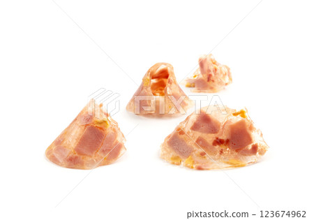 Meat jelly slices, ham aspic isolated, sausage, aspic jelly, winter meat galart, brawn on white Meat jelly slices, ham aspic isolated, sausage, aspic jelly, winter meat galart, brawn on white 123674962