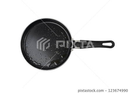 Oil drops on frying pan, water splash on black non-stick coating, drop on non stick mini griddle Oil drops on frying pan, water splash on black non-stick coating, drop on non stick mini griddle 123674990