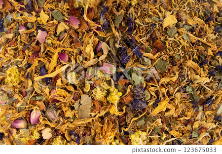 Dried edible flowers mix, Helichrysum arenarium, dwarf everlast, medical herb tea pile isolated 123675033