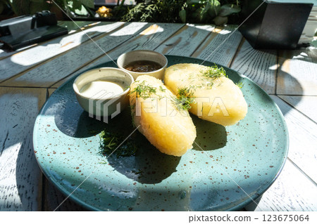 Lithuanian potato dumplings, cepelinai pancakes or kolduny, meat stuffed draniki, traditional didzkukuliai 123675064