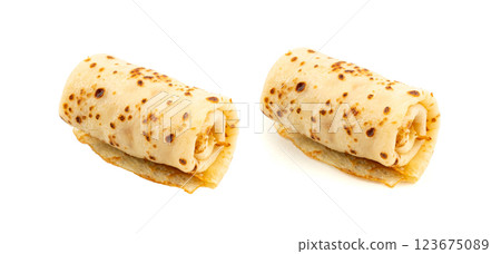 Stuffed pancakes, Eastern European rolled crepe, pancakes filled with meat, thin blini, stuffed rolls pile 123675089