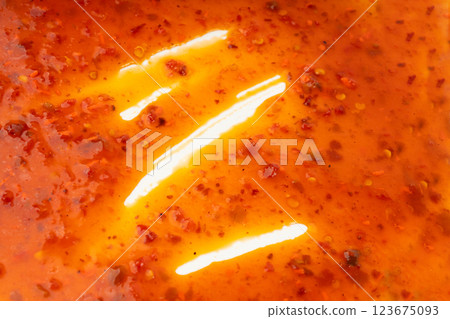 Nuoc Cham Orange Sauce Texture Background, Red Asian Jelly Dip Smear Pattern, Hot Pepper 123675093