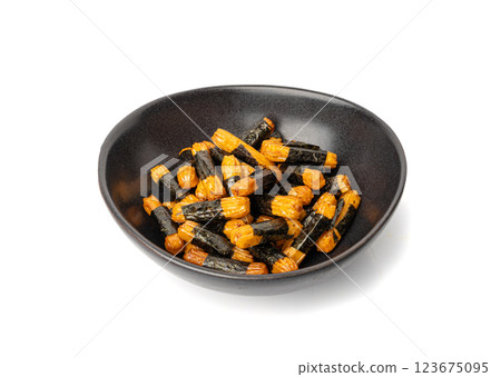 Senbei isolated, kaki no tane rice crackers, japanese crispy snack, sembei, okaki with wasabi, nori 123675095