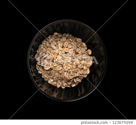 Spelt flakes isolated, dry raw rolled flat oat grains, wheat, oatmeal or bran, barley rye cereals 123675099