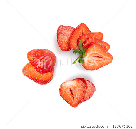 Strawberry pieces isolated, red berry cut set, fresh strawberries slices, summer food ingredient 123675102