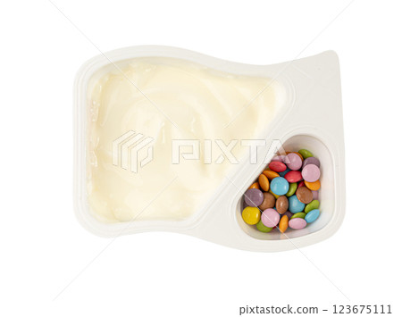 Yogurt cup isolated, yoghurt in plastic pot, milk pudding container, dairy food small package 123675111